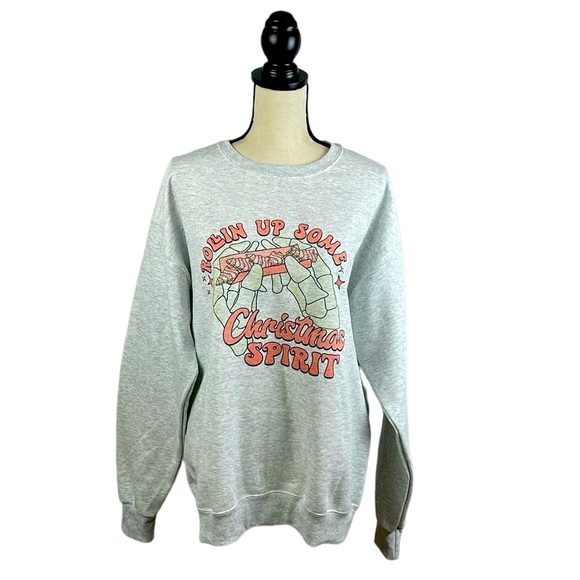 NWOT Jerzees Christmas Crew Neck Sweatshirt SZ Large Grey/Peach Women/Men - Picture 1 of 9